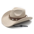 Classic wide brim beige felt cowboy hat with ethnic braided band and adjustable chin strap - M (56-58cm) / Beige