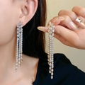 Elegant gold plated triple row long tassel earrings with sparkling white zircons - Silver Earring Post Rhombus Zircon Square Tassel (48#)