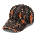 Distressed dark wash denim baseball cap featuring vibrant orange frayed seam details - Orange Details (#5)