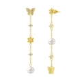Asymmetric long drop earrings with white pearls and gold butterfly charms in s925 silver - Golden Asymmetric Butterfly Pearl Drop Earrings (GPE65)