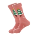 Mid-calf cotton Christmas socks in rose pink with green tree and white snowflake patterns - One Size / Pink Christmas Tree