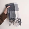 Faux cashmere scarf featuring black white and grey plaid patterns with fringe details - 180*70cm / Black White
