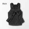 Black denim dog harness dress with white stitching and decorative bow detail - S / Black
