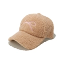 Close-up of khaki lamb wool baseball cap with pink bow embroidery texture details - M (56-58cm) / Camel