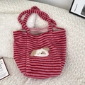 Pink and red striped plush dog tote bag in soft faux lambswool with puppy embroidery - Pink Stripe Horizontal Style