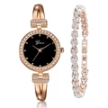 Elegante roségouden dameshorloge en armbandset met strasstenen en een zwarte wijzerplaat - Roségouden Set