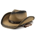 Western hollow straw cowboy hat with gradient brim, leather band, and chin strap - M(56-58cm) / Khaki Black