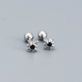 Minimalist sterling silver eight-pointed star earrings with black gemstone and screw back - White Gold (Black Stone)