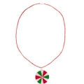 Macro shot of a red cord necklace with a peppermint-style round ceramic pendant - Red Green Candy Cord Necklace