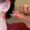 Chinese style red Fu character deer antler drop earrings with golden trim and pearl - Gold Antler Red Fortune Character Artificial Pearl Style (HE18847)