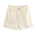 Pantaloncini casual color crema a vita alta con cuciture a contrasto e bottone - S / Pantaloncini Beige Crema