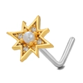 Golden star-shaped L-shaped nose stud with white pearl center and cubic zirconia stones - Star Pearl Style (BD00641) / Gold