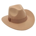 Detail shot of vintage camel wool felt fedora with a matching brown grosgrain ribbon band - One Size / Camel