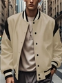 Detail of men's casual baseball jacket with contrast sleeves and striped ribbed collar cuffs - S / Khaki