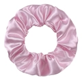 Close-up of a pink satin scrunchie with smooth silk texture and durable elastic band - Light Pink