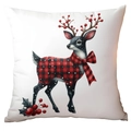 Housse de coussin de Noël avec renne en châle à carreaux rouges sur tissu blanc - 45*45cm Peluche Courte Simple Face Sans Coeur / CRD16-3 (Renne avec Châle à Carreaux)