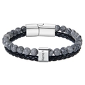 Men's custom engraved double-layer leather and map stone bead bracelet with magnetic clasp - 1 Name / Map Stone