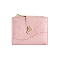 Pink short bi-fold wallet for women featuring leaf pattern and golden zipper detail - Pink
