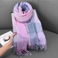 Soft purple pink and blue plaid faux cashmere scarf with elegant fringe details - 180*70cm / Plum Purple