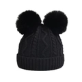 Bonnet en maille torsadée noire avec double pompons en fausse fourrure pour l'hiver - Noir - Bonnet En Tricot Pour Enfants À Double Boule