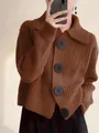 Oversized dark brown chunky knit cardigan with large lapel and black round buttons - 0XL / Coffee