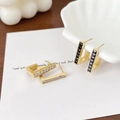 Minimalist irregular geometric square earrings with black and white gemstones in gold finish - Gold White Zirconia (DEK587)