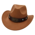 Detail of a brown cowboy hat featuring a leather band with turquoise beads and a bronze star - Kids Size / Khaki (Bronze Star)