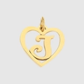 Polished gold heart-shaped pendant with a cut-out letter J on a neutral background - Letter J