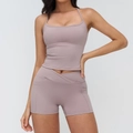 Women's dusty mauve yoga set with cami top and V-cross high waist pockets shorts - S / Top And Bottom / Smoky Purple