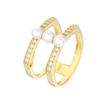 Verstellbarer S925 Sterling Silber Ring mit drei Süßwasserperlen und Pavé-Steinen - Gold Doppelring Drei-Perlen Strass Stil (GPR08-14K-6)