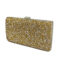 Detail of evening clutch bag featuring dense gold and silver sequins and metal clasp - Gold