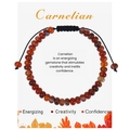 Detail of Carnelian beaded bracelet with adjustable black cord on a gift display card - Banded Agate