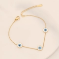 Macro detail of gold-plated evil eye bracelet with colorful enamel charms and lobster clasp - 1# Pearl White Shell