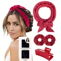 Set bigodini senza calore in velluto rosso rosa con elastici e fermaglio per capelli - Set Regalo Bigodino Elastici Molletta (Rosso)