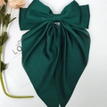 Large forest green satin bow hair clip with long ribbons on a white background - Dark Green