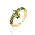 Detail of 18K gold ring with green micro-pave zircons and heart charm with buckle design - Adjustable Open / Green