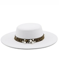 Elegant white wool boater hat with leopard print band and pearl floral embellishments - M (56-58cm) / White