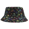 Close-up of a double-sided bucket hat featuring colorful mushroom and star prints on black canvas - L(55-60cm Circumference) / Black Multicolor Mushroom Star Style