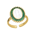 Goldener Ring mit Maria-Motiv auf weißer Muschel und smaragdgrünen Zirkonia - Grüne Zirkonia/Jungfrau Maria Relief / Grün