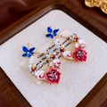 French style floral earrings with colorful enamel petals and faux pearl butterfly stud - 47# Blue Red White Multi-color Enamel (925 Sterling Silver Earring Post)