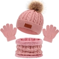 Rosa Strickset für Kinder im Winter mit warmem Fleecefutter und flauschigen Bommeln - Dunkelrosa 3-teiliges Set mit einem Bommel