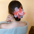 Pink and red acrylic flower hair clip with pearl pendant tassel and sheer fabric petals - 66# Claw Clip - Red - Red Organza Pearl Tassel