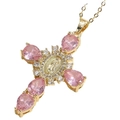 Golden cross necklace featuring a pink teardrop gemstone and sparkling zircon accents - Pink