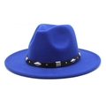 Detailed view of silver square studs and black leather band on royal blue wool fedora - M (56-58cm) / Royal Blue