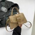 Khaki brown PU leather shoulder bag with gold grid buckle and top handle - Khaki