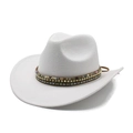 Classic white wide brim wool fedora cowboy hat with vintage ethnic patterned band - M (56-58cm) / White