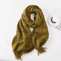 Thick yellow and green plaid winter scarf with black stripes and fringe detail - Turmeric
