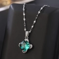 Elegant titanium steel necklace featuring a square emerald green pendant with floral accents - 9070 Silver Square Green Gem