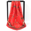Red satin silk square scarf featuring gold horsebit chains and vintage stripes - Striped Tassel Red (SD90-07-4)