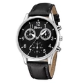 Close-up of Geneva business watch featuring black dial with white Arabic numerals and leather strap - Silver Case Silver Hands Black Dial Black Strap